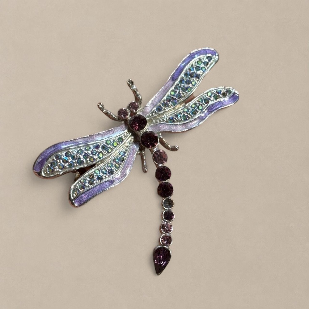 Purple Rhinestone Dragonfly Brooch Pin